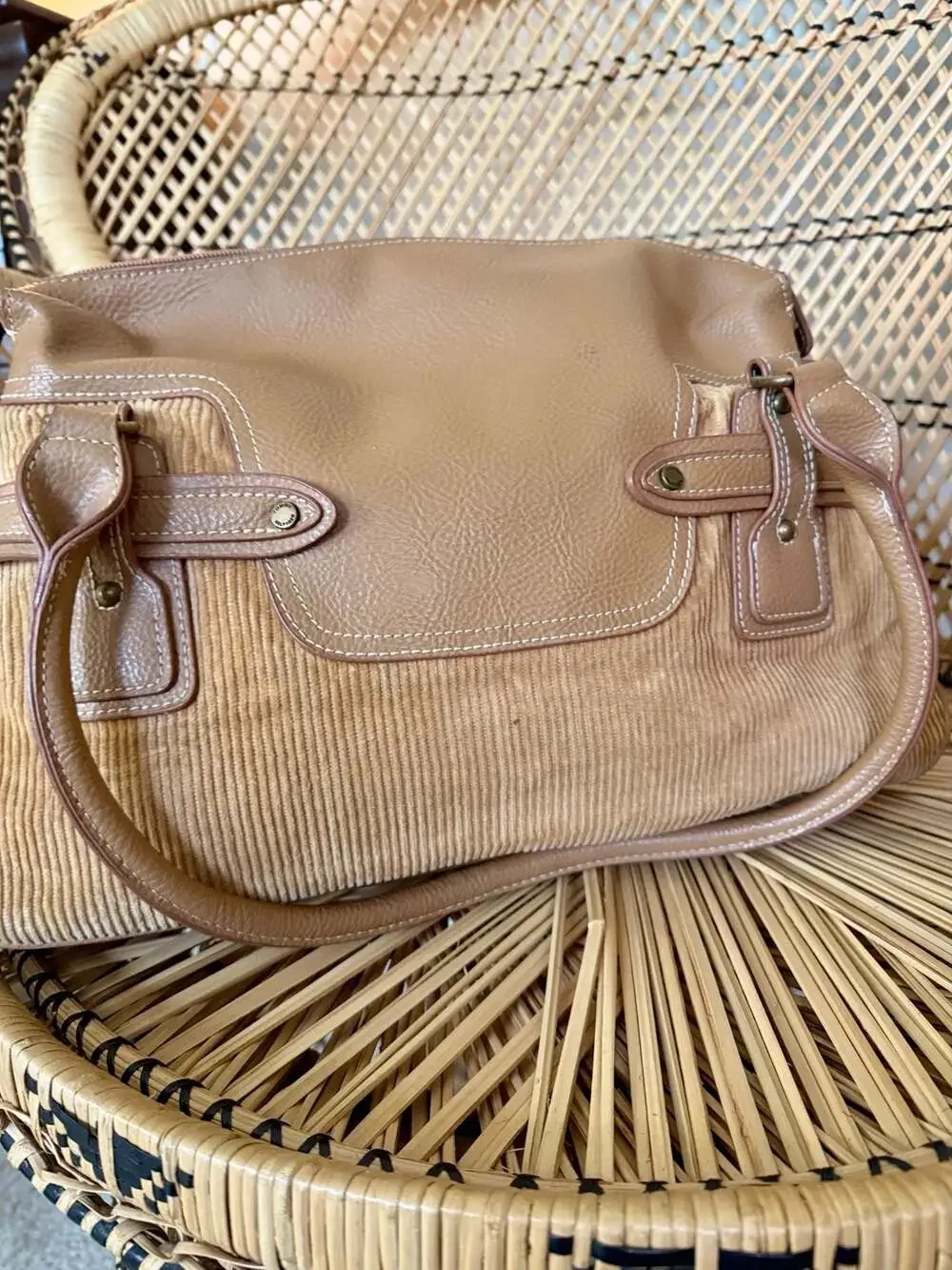 Tommy Hilfiger Vintage Y2K Tan Corduroy and Faux Leather Hobo Shoulder Handbag
